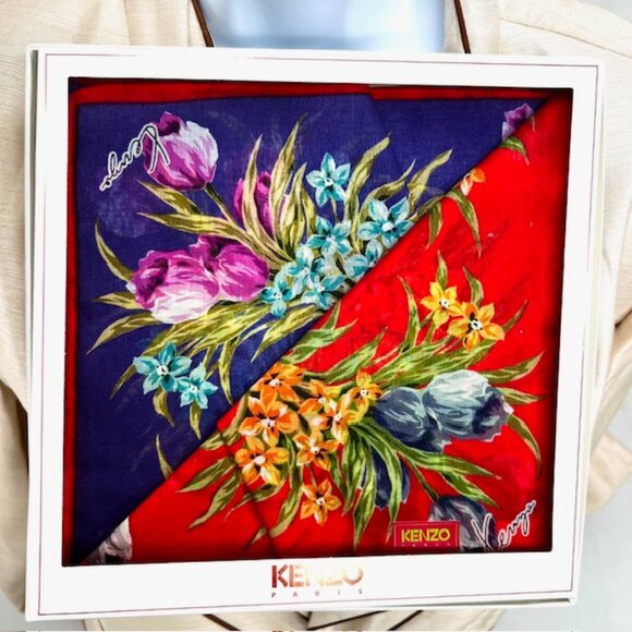 New/ W Box 2-  KENZO Paris Mini Scarf/Handker Cotton 18"Red Purple floral (60) - Picture 1 of 8